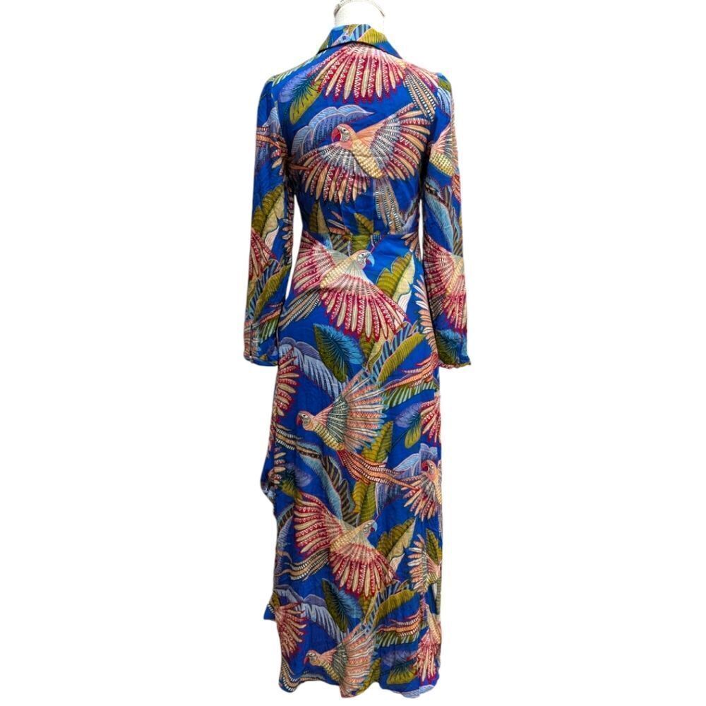 FARM Rio Blue Macaw Flight Maxi Dress Women's S Festive Colorful Bird Print NWT - Picture 4 of 10